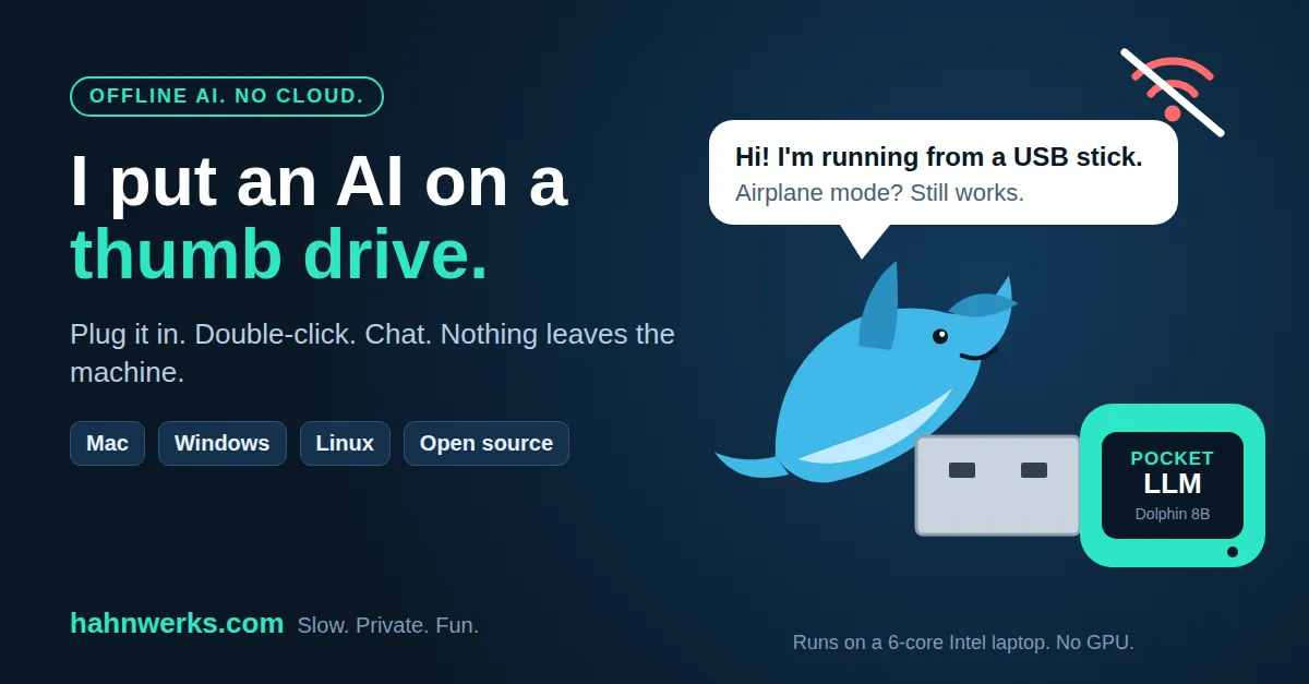 I put an AI on a thumb drive. Offline AI, no cloud. A cartoon dolphin next to a USB stick labeled Pocket LLM.